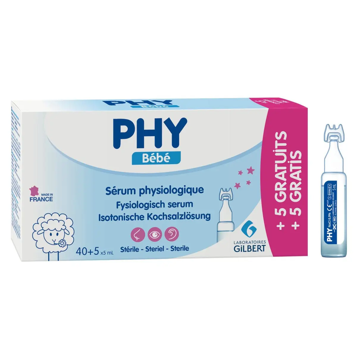 Laboratoires Gilbert Phy Sérum Physiologique محلول ملحي معقم لتنظيف الأنف والعينين 45 x 5ml