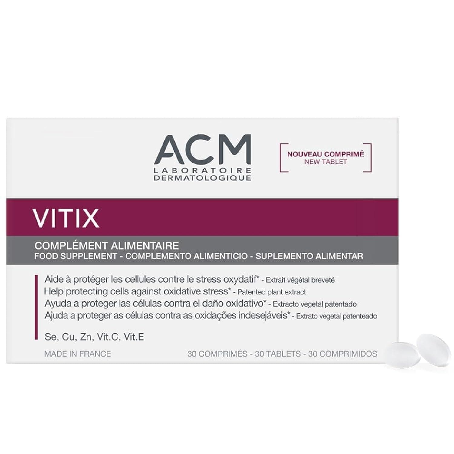 Laboratoire ACM Vitix مكمل غذائي مضاد للأكسدة لحماية خلايا البشرة 30 Comprimés