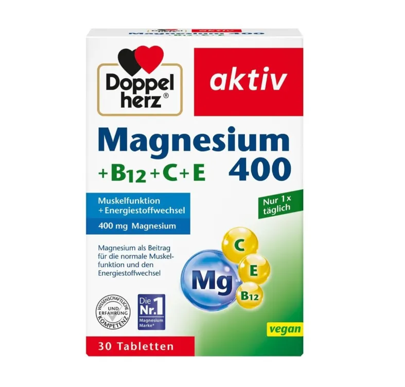 Doppelherz aktiv Magnesium B12+C+E مكمل غذائي بالماغنيسيوم والفيتامينات لمحاربة التعب 30 comprimés