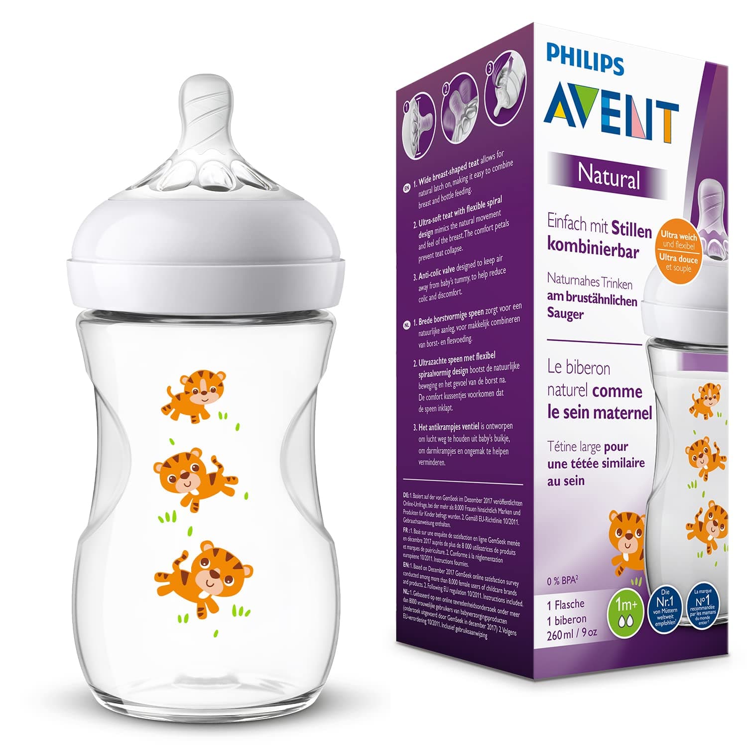 Philips Avent Natural 2.0 رضاعة أطفال بتصميم نمر مضادة للمغص 260ml