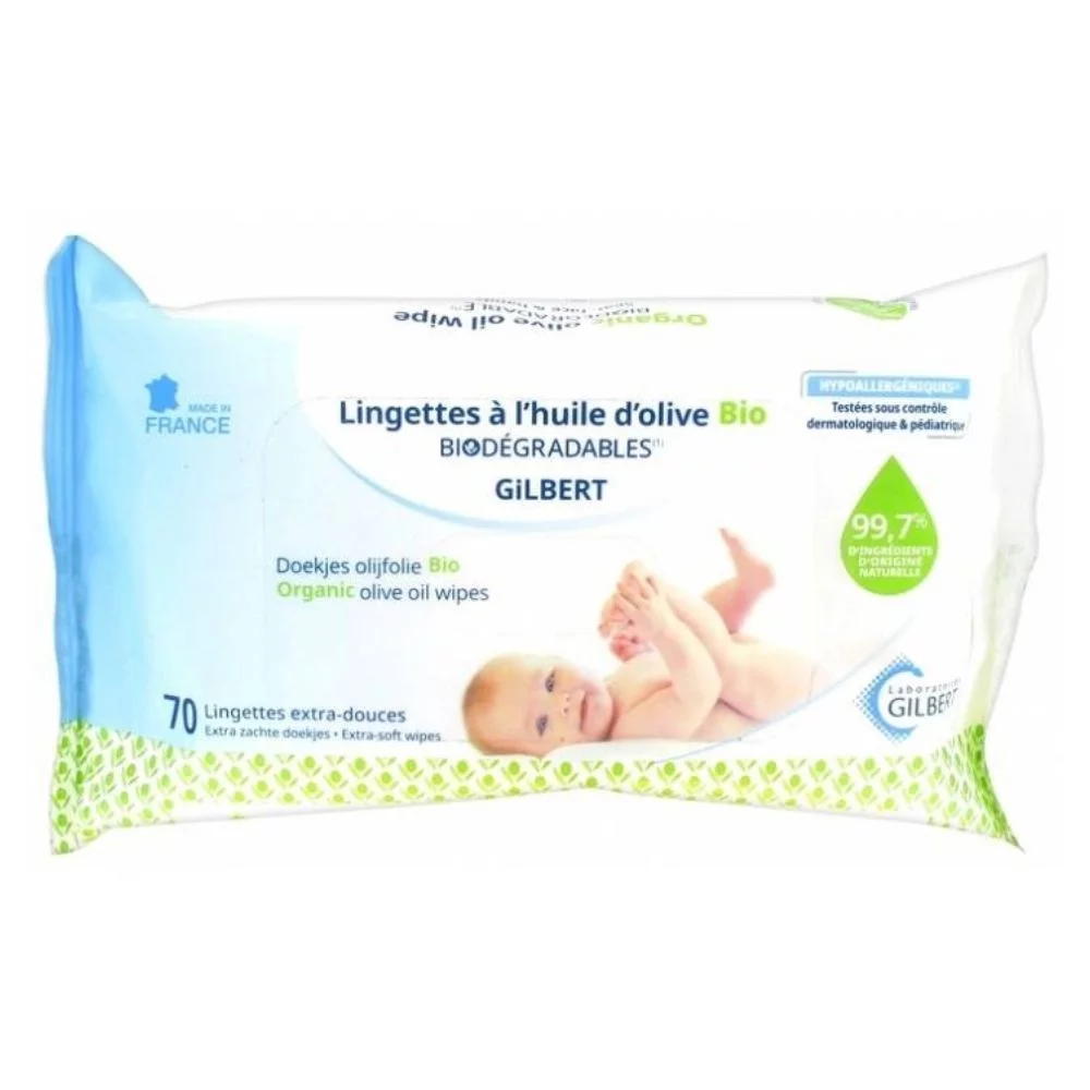 Laboratoires Gilbert Lingettes à l'Huile d'Olive Bio Biodégradables مناديل مبللة مهدئة للأطفال بزيت الزيتون العضوي 70 lingettes